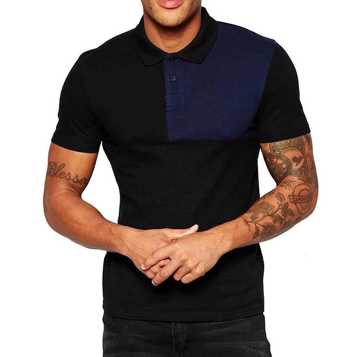 Luxury skinny fit contrast shoulder panel breathable cotton essential muscle pique polo shirt for mens clothing in black color